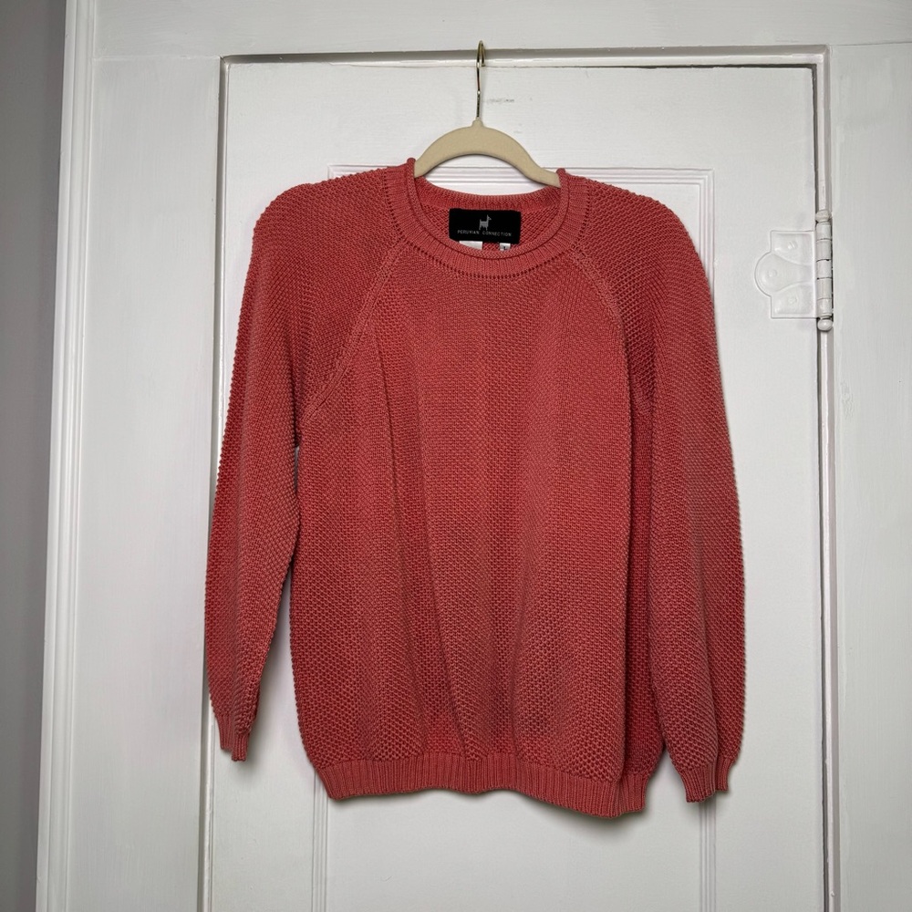 Peruvian Connection 100% Pima Cotton Knit Sweater Coral Natural Classic Large